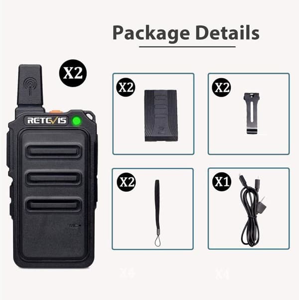 Retevis RT619 Talkie Walkie Mini Återuppladdningsbar, PMR446, 1300 mAh, Professionell USB Talky Walky, VOX, 16 Kanaler, för Cykling (2 St)