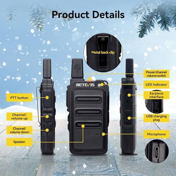 Retevis RT619 Talkie Walkie Mini Återuppladdningsbar, PMR446, 1300 mAh, Professionell USB Talky Walky, VOX, 16 Kanaler, för Cykling (2 St)
