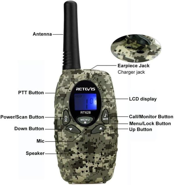 Retevis RT628 Walkie Talkie Barn Återuppladdningsbar, 1000mAh Li-ION Batterier, USB Laddning, PMR446 8 Kanaler VOX 10 Ringsignaler, Familj