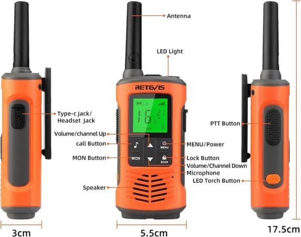 Retevis RT45P Talkie Walkie, Vattentålig IP67, PMR446, 16 Kanaler, VOX, LED Ficklampa, SOS Larm, CTCSS/DCS, för Utomhusaktiviteter
