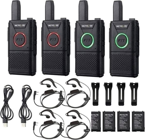 Retevis RT618 Talkie Walkie med Hörlurar, Mini PMR446 Radio, Dubbel PTT Lång Räckvidd Tvåvägsradio 16CH VOX(4 Stycken)