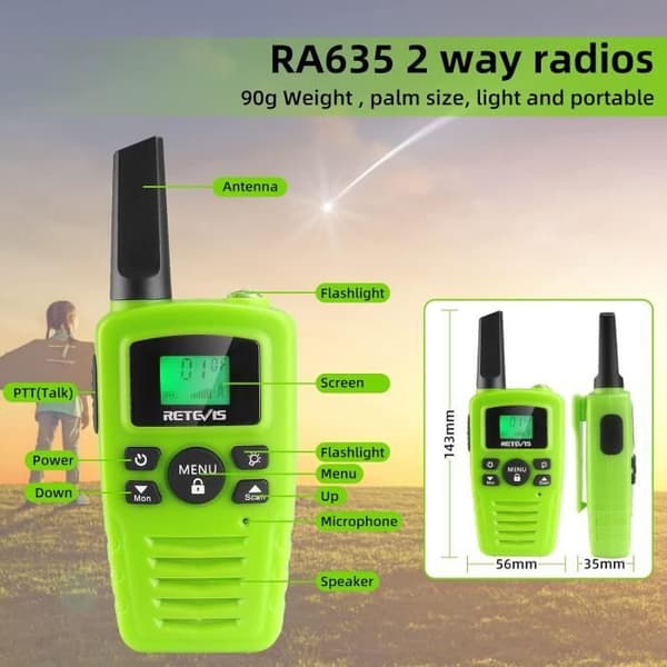 Retevis RA635 Walkie Talkie, PMR446 Licensfri Walkie Talkie Barn Vuxna present, 16 kanaler, LED-fackla, VOX (grön, 2 st)
