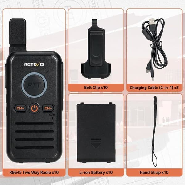 Retevis RB645 Walkie Talkies för vuxna, PMR446 Dual PTT, USB-C laddningsbara tvåvägsradio med hörlurar, VOX (10 st)