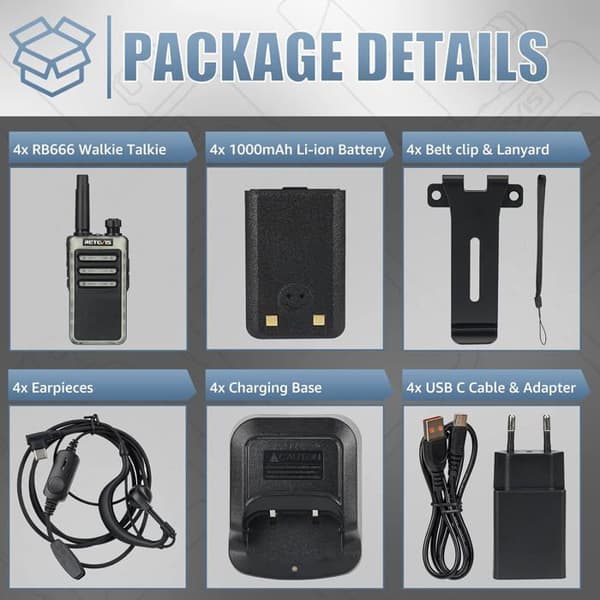 Retevis RB666 Walkie Talkie, Uppladdningsbara Walkie Talkies med hörsnäckor, snabbladdning, PMR446 VOX, Squelch (4 st, svart)
