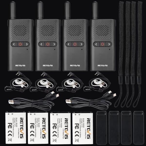 Retevis RB628B Walkie Talkie med headset, PMR446 1500mAh, VOX, liten och lätt, professionell bärbar för restaurang (4 st, svart)