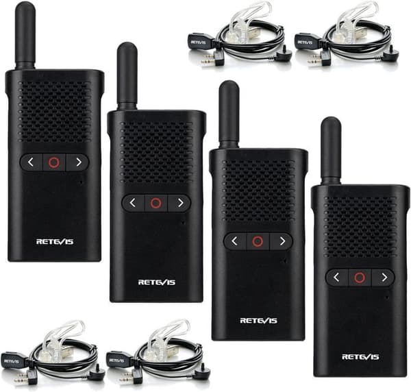 Retevis RB628B Walkie Talkie med headset, PMR446 1500mAh, VOX, liten och lätt, professionell bärbar för restaurang (4 st, svart)