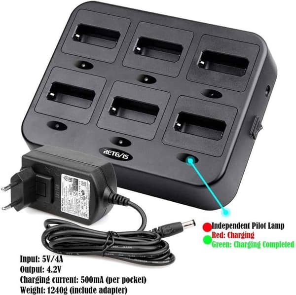 Retevis RB619 Walkie Talkie, PMR446 1650mAh, med sexportars laddare, VOX, med hörlurar för hotell, skolor (6-pack, marinblå)