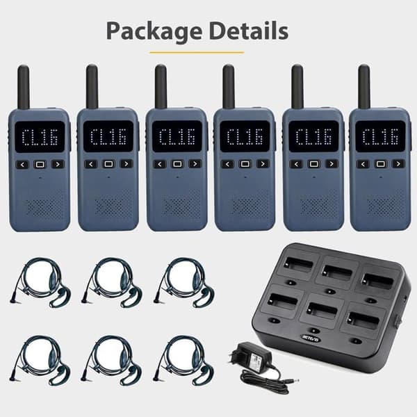 Retevis RB619 Walkie Talkie, PMR446 1650mAh, med sexportars laddare, VOX, med hörlurar för hotell, skolor (6-pack, marinblå)