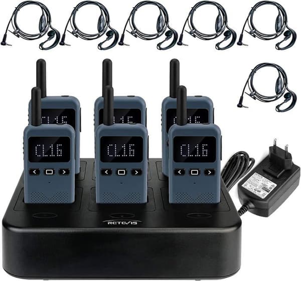 Retevis RB619 Walkie Talkie, PMR446 1650mAh, med sexportars laddare, VOX, med hörlurar för hotell, skolor (6-pack, marinblå)