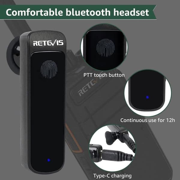 Retevis RB637 Bluetooth Walkie Talkie, tvåvägsradio med trådlöst headset, Type-C 2000mAh, VOX, ficklampa, trådlös kopia