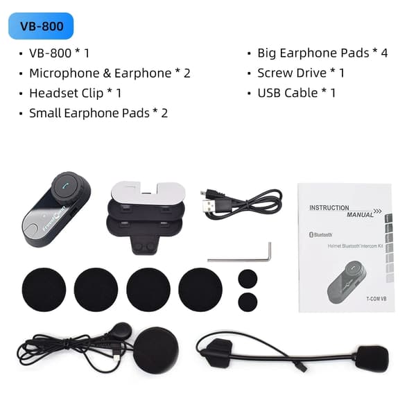 Motorcykel Bluetooth Hjelm Intercom, Håndfri Kommunikation, Trådløse Hovedtelefoner, VB-800 S og H Wire