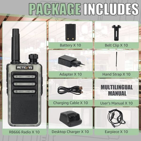 Retevis RB666 Professional Walkie Talkie, Snabbladdare, PMR446 Wireless Clone, VOX Small Walkie Talkie med hörlurar (10 st)