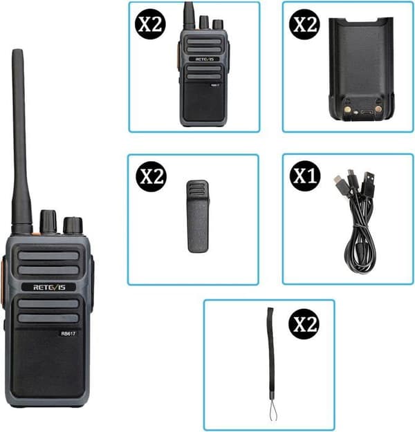 Retevis RB617 Uppladdningsbar Walkie Talkie, 4400mAh, 2 i 1 Type-C USB-kabel, PMR446 VOX, Nödlarm, Tvåvägsradio