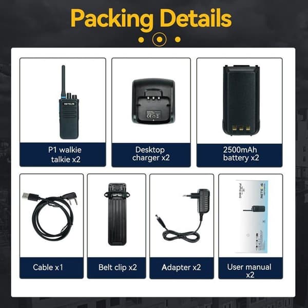Retevis P1 Professional Walkie Talkie, Long Range Digital Walkie Talkie, Superheterodyne Relay, 2500mAh, Nödlarm (2st)