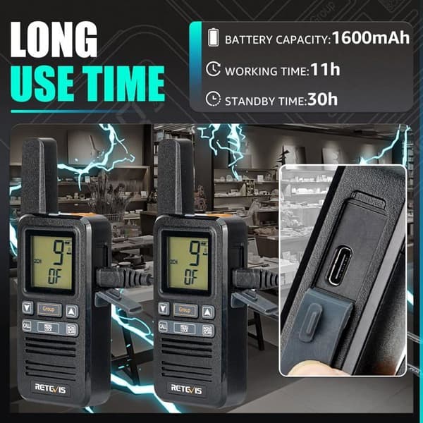 Retevis RB667 Uppladdningsbar Walkie Talkie Vuxen, 1600mAh, PMR446 gruppsamtal, VOX Squelch, Headset, för restaurang (4 st)