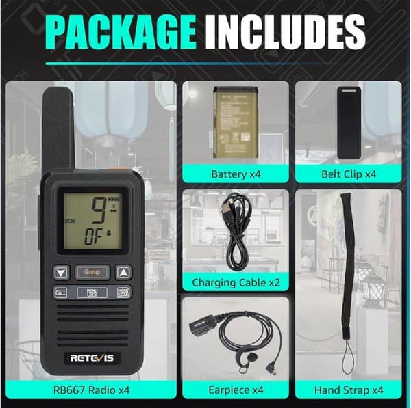 Retevis RB667 Uppladdningsbar Walkie Talkie Vuxen, 1600mAh, PMR446 gruppsamtal, VOX Squelch, Headset, för restaurang (4 st)