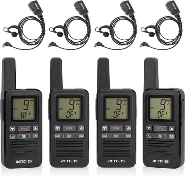 Retevis RB667 Uppladdningsbar Walkie Talkie Vuxen, 1600mAh, PMR446 gruppsamtal, VOX Squelch, Headset, för restaurang (4 st)