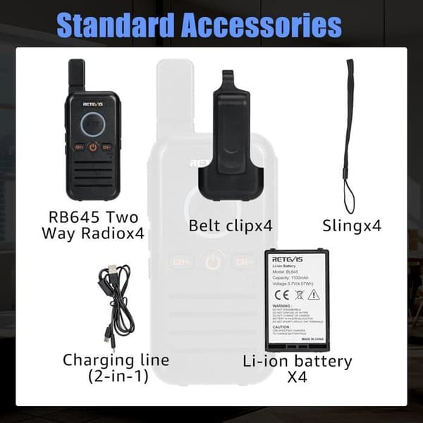 Retevis RB645 Walkie Talkie, Mini, laddningsbar bärbar tvåvägsradio, PMR446, VOX, USB C Dual PTT Radio Squelch (4 st)