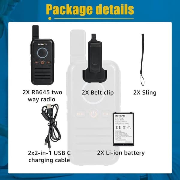 Retevis RB645 Uppladdningsbar Walkie Talkie, PMR446 bärbar tvåvägsradio, Dual PTT-radio, USB C VOX, för camping (2 st)