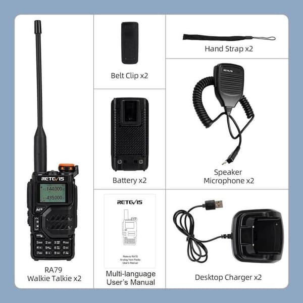 Retevis RA79 Walkie Talkies med mikrofonhögtalare, FM/AM, 1400 mAh, långdistans, tvåvägsradio för jakt (2 stycken)