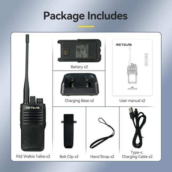 Retevis P62 Walkie Talkie Lång Räckvidd, Vattentålig IP68, Dubbelband 2500mAh, Nödalarm, Professionell för Säkerhet, Industri
