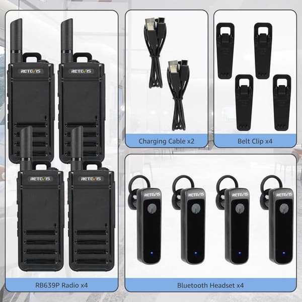 Retevis RB639P Uppladdningsbar Walkie Talkie, Mini tvåvägsradio med hörsnäcka, PMR446, USB, Ultra-Tunn Professional (4st)