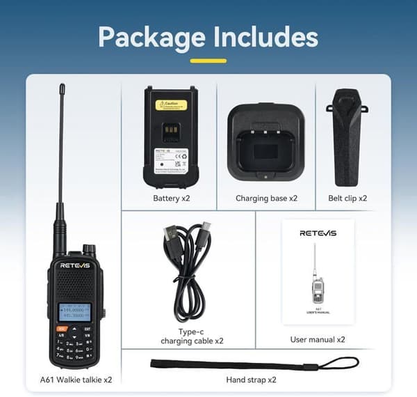 Retevis A61 amatörradio, Dual Band Radio, IP67 vattentät walkie talkies, FM/AM-band, 2200 mAh batteri, Sub PTT, USB-C (2 st)