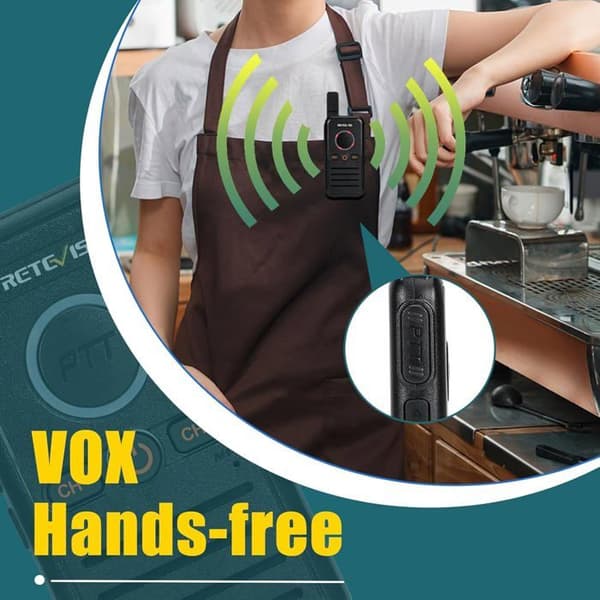 Retevis RB645 Walkie Talkie med hörsnäcka, professionell dubbel PTT, stora knappar, VOX, uppladdningsbar USB-C handsfree, hotell (6 st)
