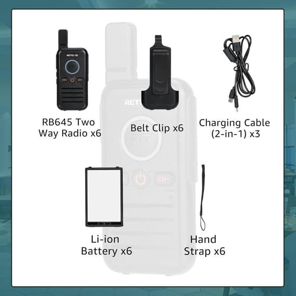 Retevis RB645 Walkie Talkie med hörsnäcka, professionell dubbel PTT, stora knappar, VOX, uppladdningsbar USB-C handsfree, hotell (6 st)