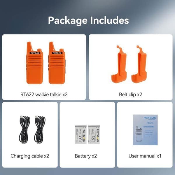 Retevis RT622 Walkie Talkie Uppladdningsbar USB, PMR446, USB-C, 1000mAh, VOX, 16 Kanaler Walkie Talkie Lång Räckvidd för Familj, Camping