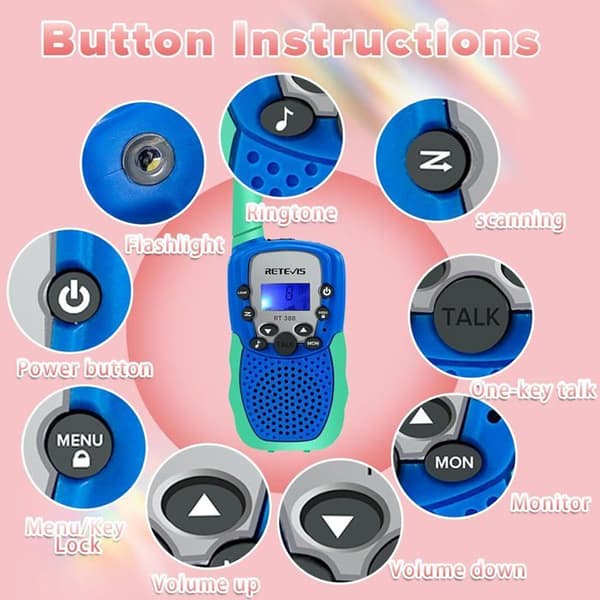 Retevis RT388 Long Range Walkie Talkie för barn, 8CH VOX ficklampa för pojkar och flickor, 3-12 år gamla barnleksaker, för aktivitet