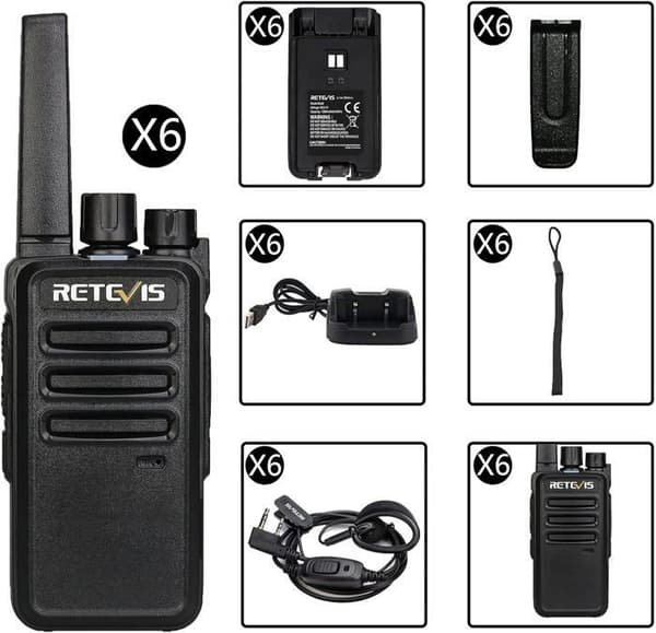 Retevis RT668 Professionell Walkie Talkie med Hörlurar, PMR446 utan Licens, Uppladdningsbar, VOX, Bärbar Talky för Säkerhet (6 St)
