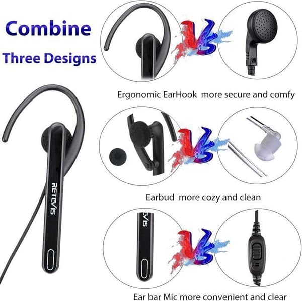 Retevis EEK011 Ear Bar Walkie Talkie Headset med MIC 2 Pin Radio PTT Headset, För Kenwood Radio BAOFENG UV5R 888S RT24 RT27