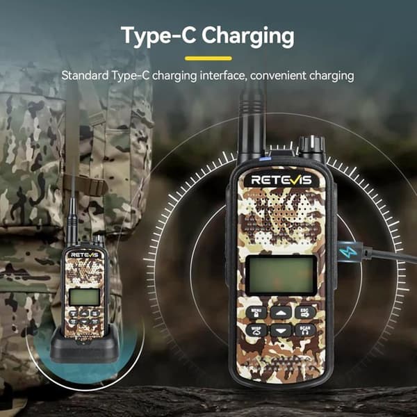 Retevis EZ62 Uppladdningsbara Walkie Talkies, 2200mAh, One-Touch Mute, IP67 vattentät, 7 jaktsamtal, för jakt, utomhus (2 st)