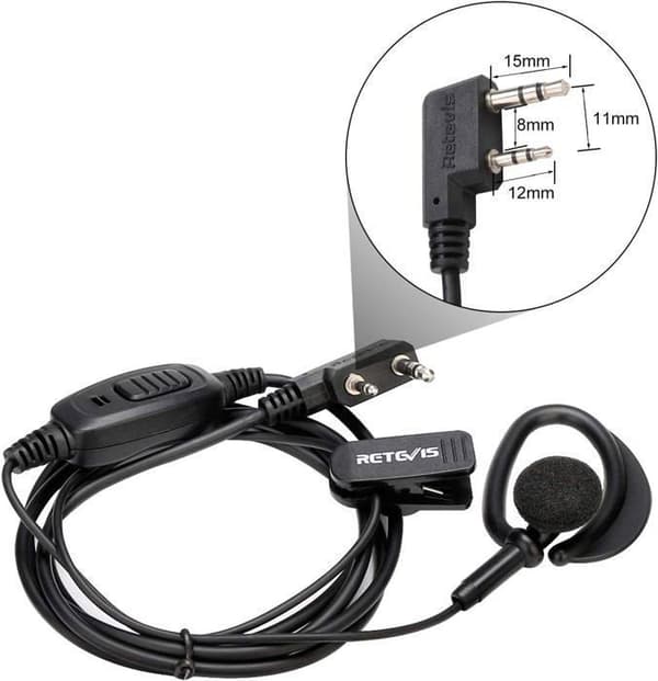 Retevis Walkie Talkie-hörlur med mikrofon, 2-stifts D-formad öronkrok-headset, för RT24 RT27 UV-5R BF-888S Kenwood