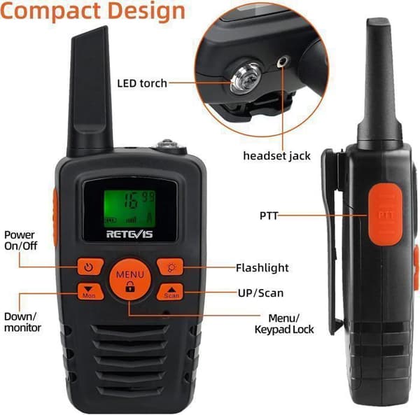 Retevis RA635 Talkie Walkie, PMR446 utan licens, 16 kanaler, ficklampa, VOX, lång räckvidd talkie-walkies för familjeaktiviteter (4 st)
