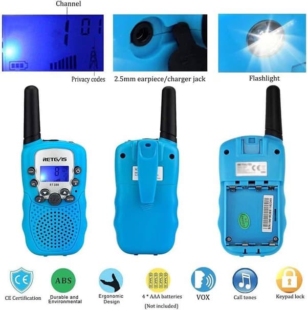 Retevis RT388 Long Range Walkie Talkie för barn, 8CH VOX ficklampa, 3-12 år gamla barnleksaker, födelsedagspresenter, aktiviteter