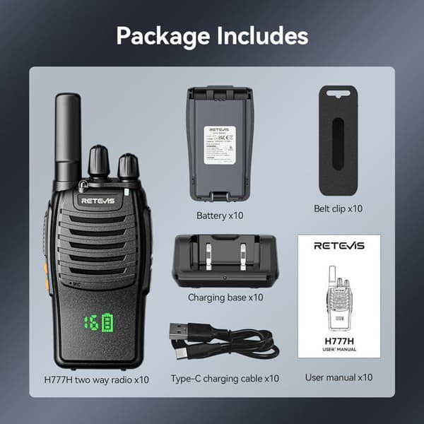 Retevis H777H Uppladdningsbar walkie talkie, med dold display, läsbarhet, LED-nödlarm, VOX, för tillverkare (10 stycken)