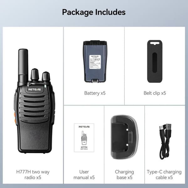 Retevis H777H Professional Walkie Talkie, Dold LED-skärm med lång räckvidd, Läsbarhet, Nödlarm, VOX, Type-C (5 delar)
