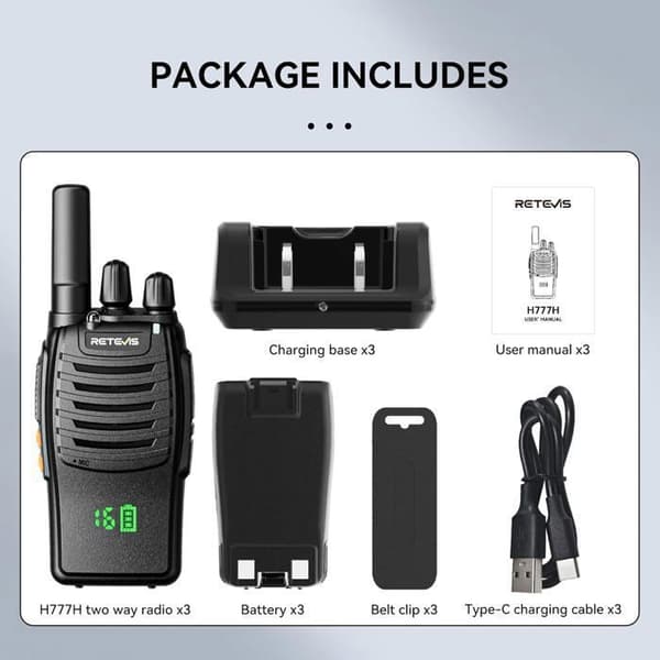 Retevis H777H Professionell Walkie Talkie, med Skärm, Typ C Laddning och USB Laddare, Lång Räckvidd PMR446, VOX, Larm (3 St)