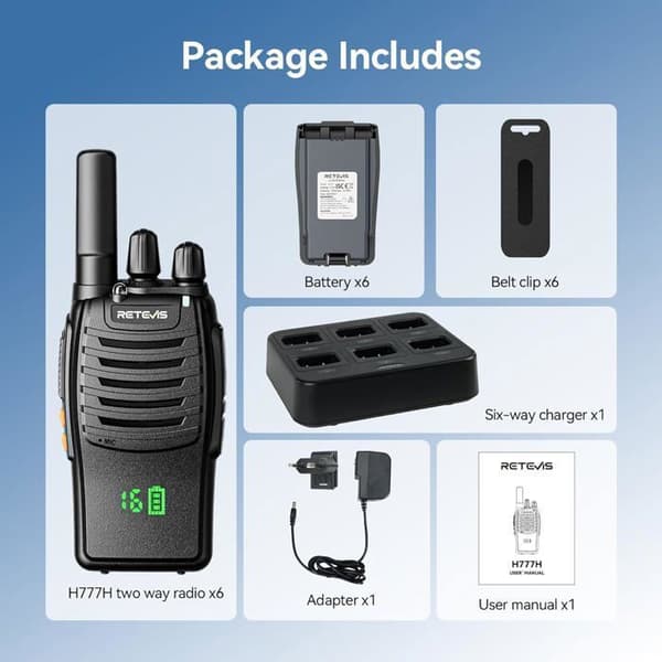 Retevis H777H Talkie-Walkie med Dold LED-skärm, VOX, 6-vägs laddare, Professionell för Supermarknad, Restaurang (6 st)