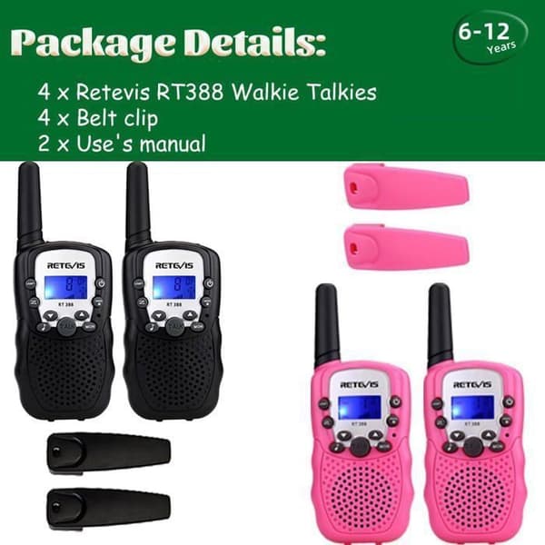 Retevis RT388 Walkie Talkie för barn, leksak, PMR446 8-kanalers VOX ficklampa 10 toner, för utomhusäventyr, camping (4 st)