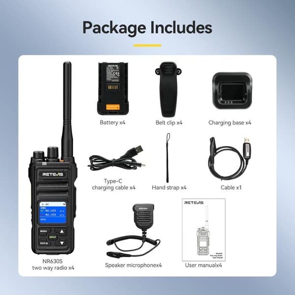 Retevis NR630S Walkie Talkie med lång räckvidd, IP67 vattentät, AI-brusreducering, 2800 mAh, LCD-skärm, med mikrofon (svart, 4-pack)