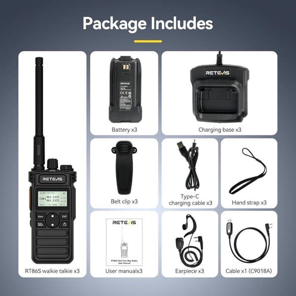 Retevis RT86S Walkie Talkie med hörlurar, långdistans tvåvägsradio, 2600mAh USB C LCD-skärm, gruppsamtal (3 delar)
