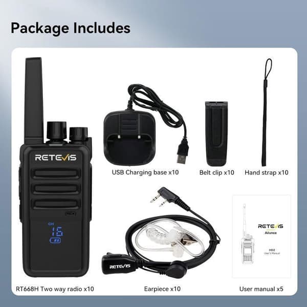 Retevis RT668H Walkie Talkie Professionell, med Dold Skärm och Hörlurar, Typ-C 1200 mah, VOX, Robust, Uppladdningsbar (10 Stycken)