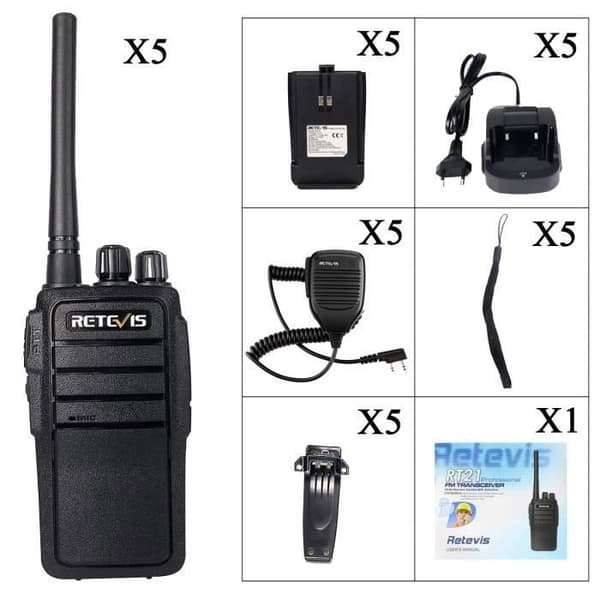 Retevis RT21 Uppladdningsbar Walkie Talkie, PMR446 Bärbar 2W 16 Kanaler CTCSS-DCS Vox TOT Scan Uppladdningsbart batteri 1100mAh (svart,5)