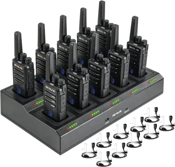 Retevis RT668H Uppladdningsbar Walkie Talkie med dold skärm, läsbarhet, 10 i 1 laddare med hörlurar, för hotell, säkerhet (10 st)