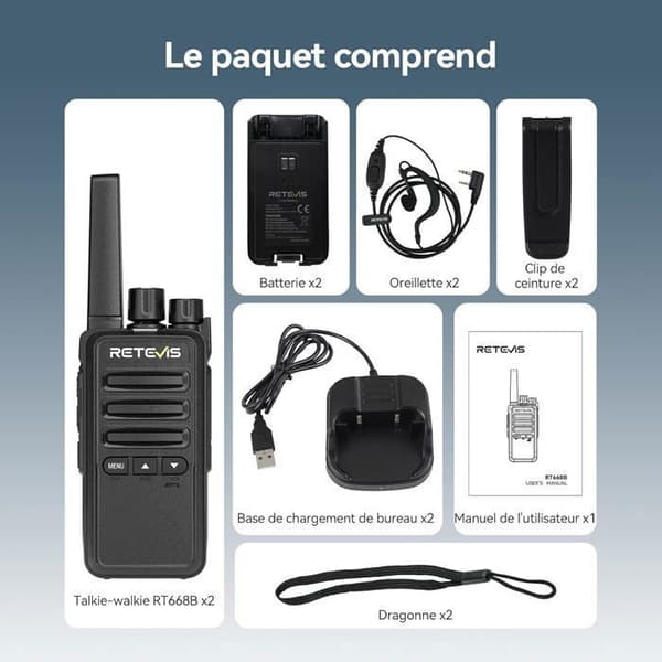 Retevis RT668B Talkies Walkies, PMR446 Radio, utan licens, VOX, 16 kanaler, CTCSS/DCS, med hörsnäcka, robust för resor, camping