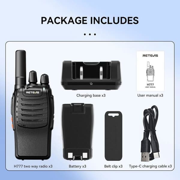 Retevis H777 Walkie Talkie Lång Räckvidd, Enklicksparning, Nödalarm, VOX, Typ-C, Professionell Walkie-Talkie (3 st)