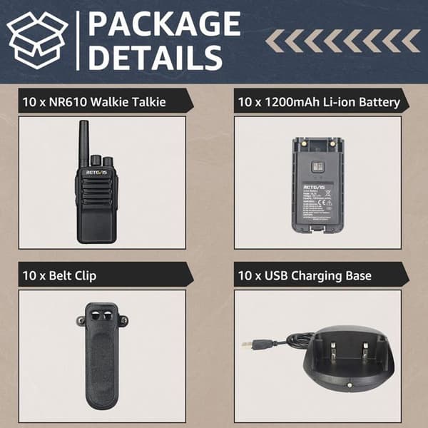 Retevis NR610 Talkie Walkie, PMR446, AI Bullerdämpning, HD Ljud, USB-C 1200mAh Uppladdningsbar, för Logistik, Fabrik (10 St)